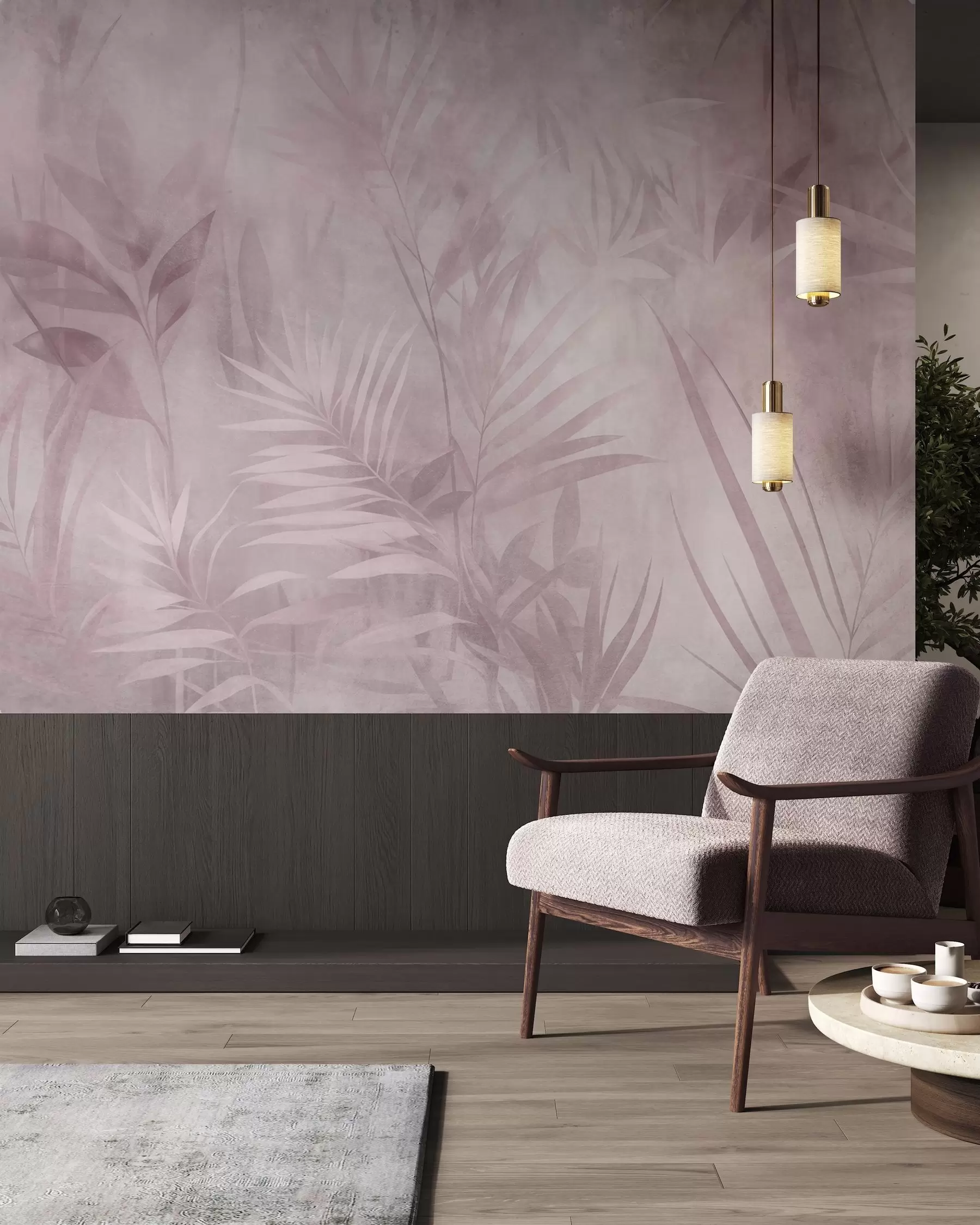 wall murals Палмино лишће у пригушеним ружичастим тоновима, са меком позадином, тропска џунгла w10023v3