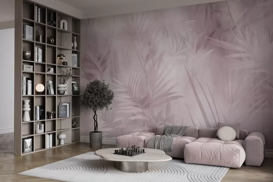 wall murals Палмино лишће у пригушеним ружичастим тоновима, са меком позадином, тропска џунгла w10023v3