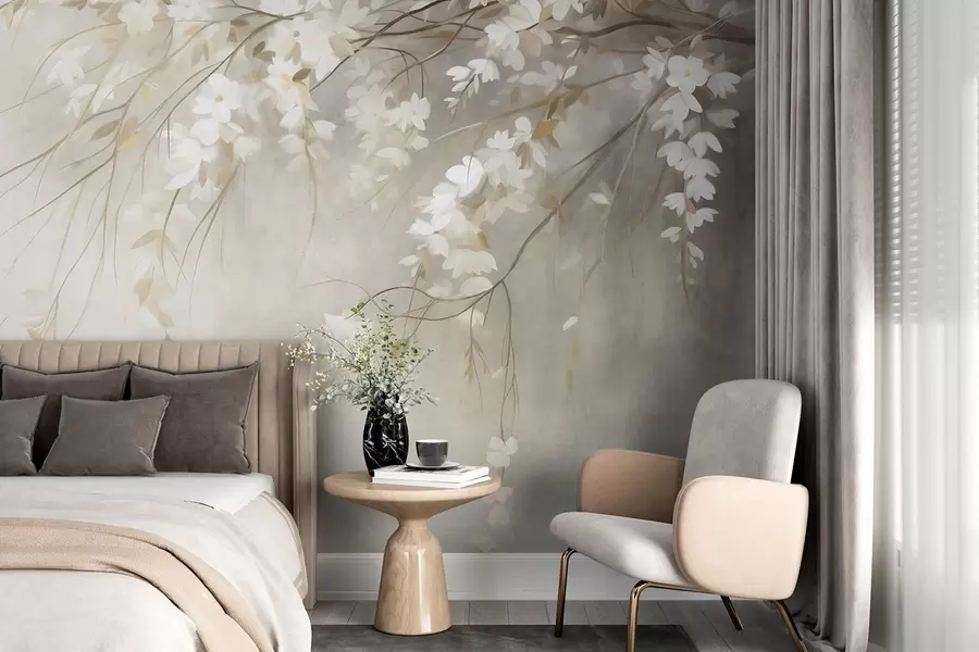 wall murals Нежна грана трешње са белим цветовима и листовима, стил сликања w10024