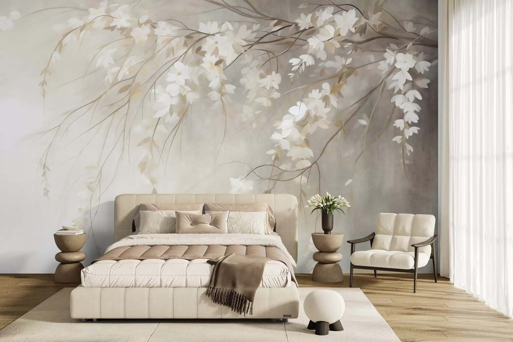 wall murals Нежна грана трешње са белим цветовима и листовима, стил сликања w10024