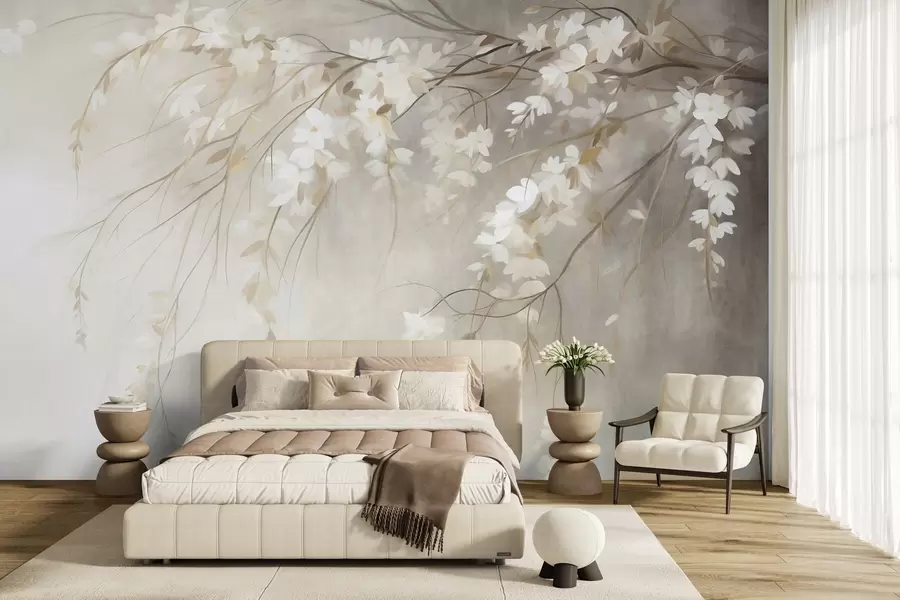 wall murals Нежна грана трешње са белим цветовима и листовима, стил сликања w10024