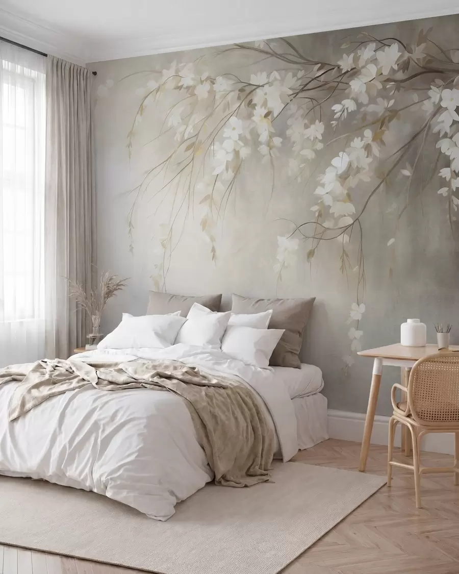 wall murals Нежна грана трешње са белим цветовима и листовима, стил сликања w10024