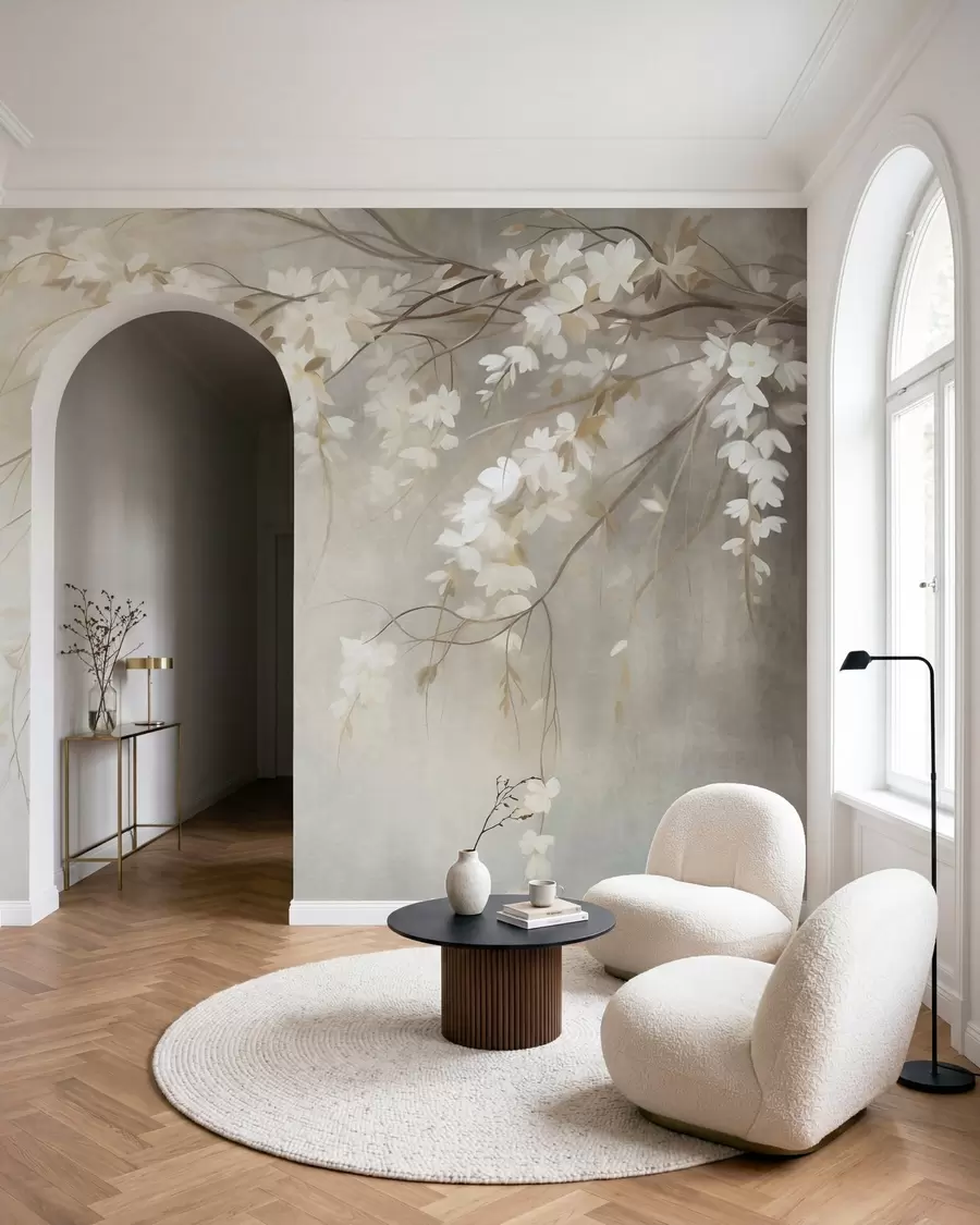 wall murals Нежна грана трешње са белим цветовима и листовима, стил сликања w10024