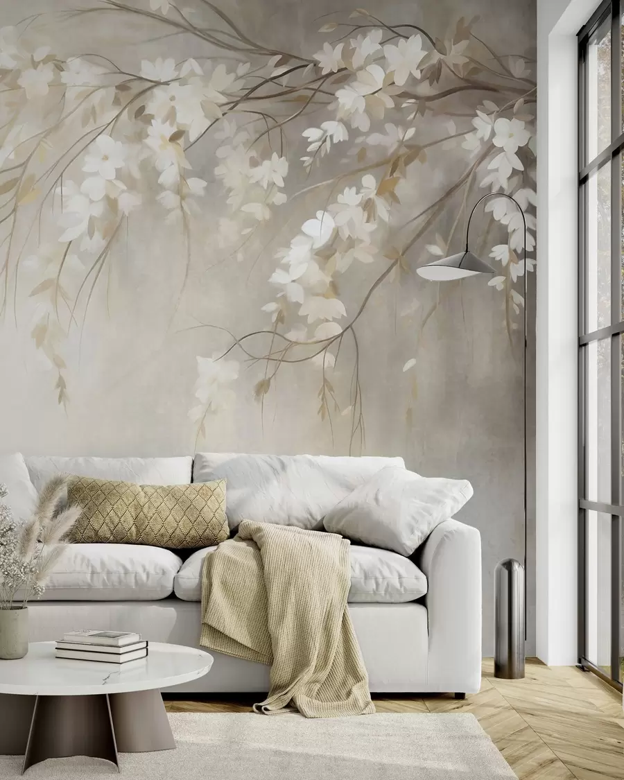 wall murals Нежна грана трешње са белим цветовима и листовима, стил сликања w10024