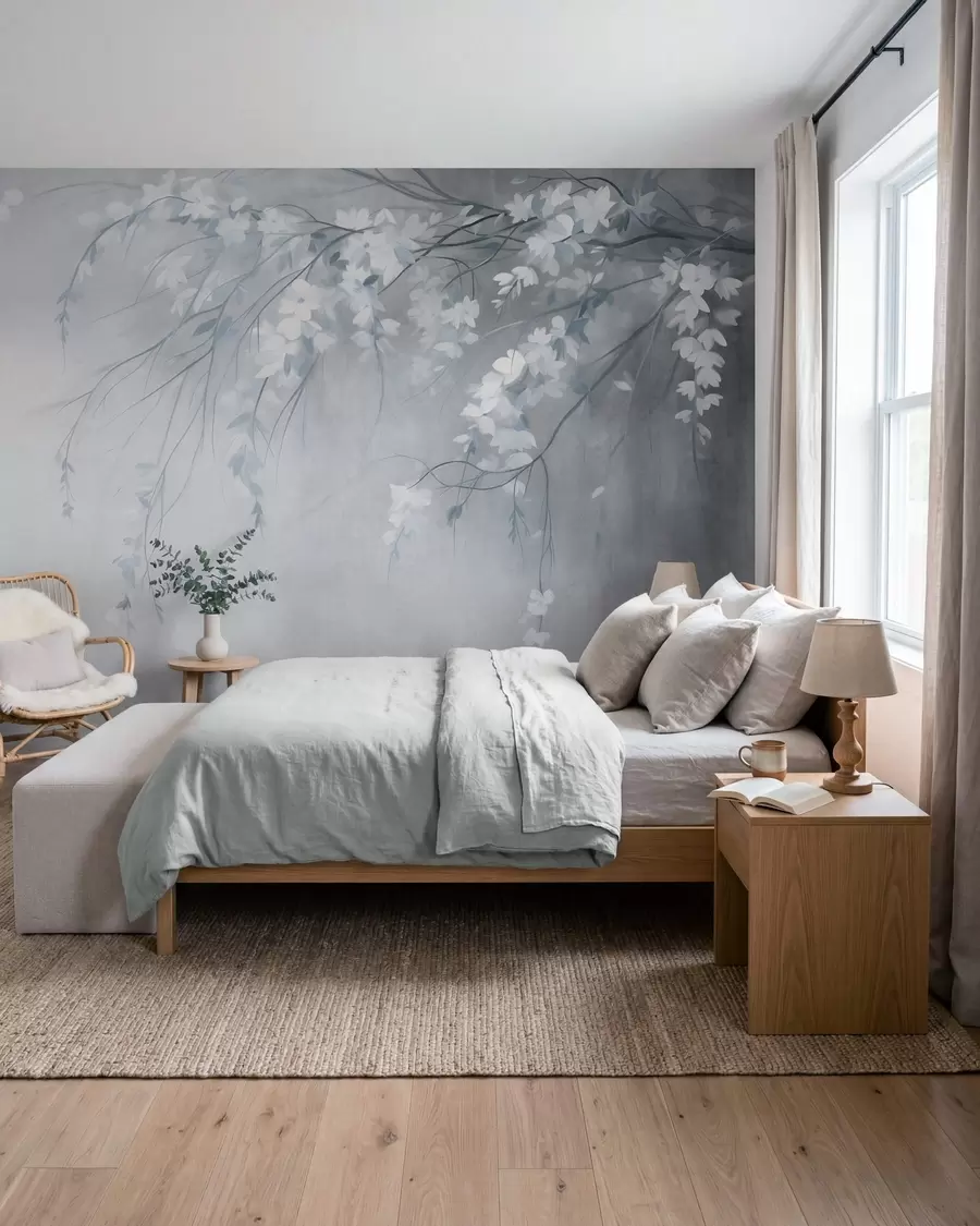 wall murals Нежна грана трешње са белим цветовима и листовима, стил сликања w10024v1