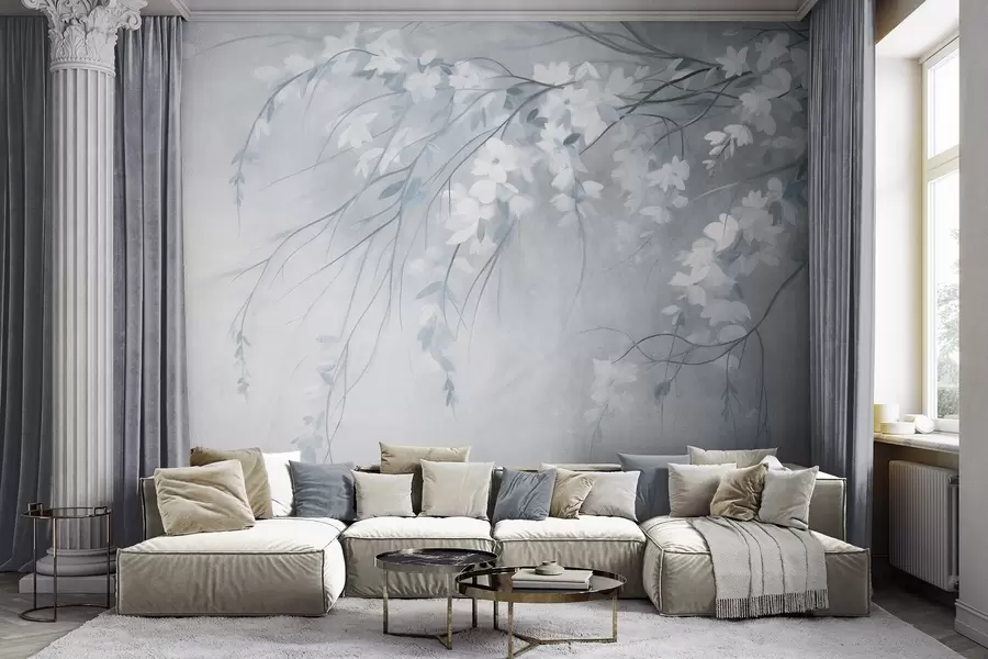 wall murals Нежна грана трешње са белим цветовима и листовима, стил сликања w10024v1