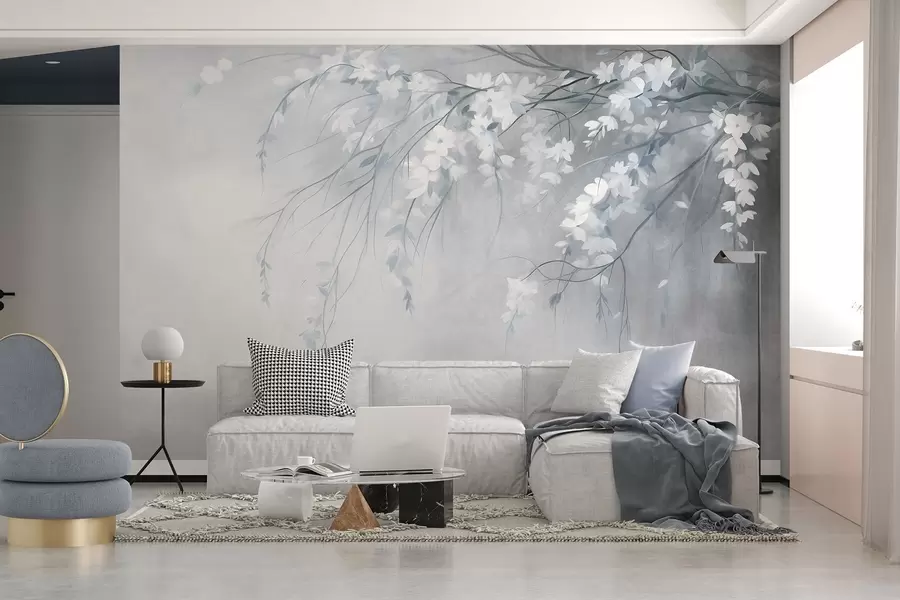 wall murals Нежна грана трешње са белим цветовима и листовима, стил сликања w10024v1