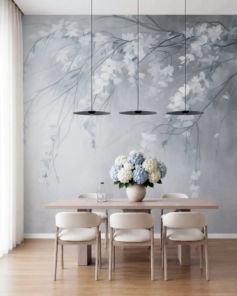 wall murals Нежна грана трешње са белим цветовима и листовима, стил сликања w10024v1