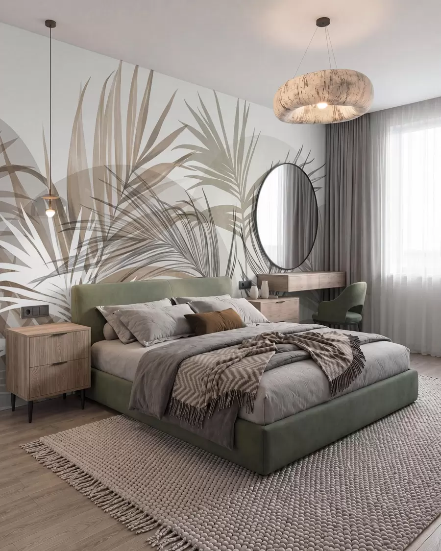 wall murals Палмино лишће у неутралним тоновима беж, браон и сиве, са апстрактним облицима w10025
