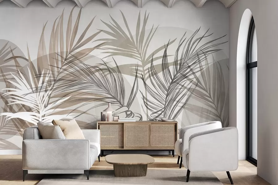 wall murals Палмино лишће у неутралним тоновима беж, браон и сиве, са апстрактним облицима w10025