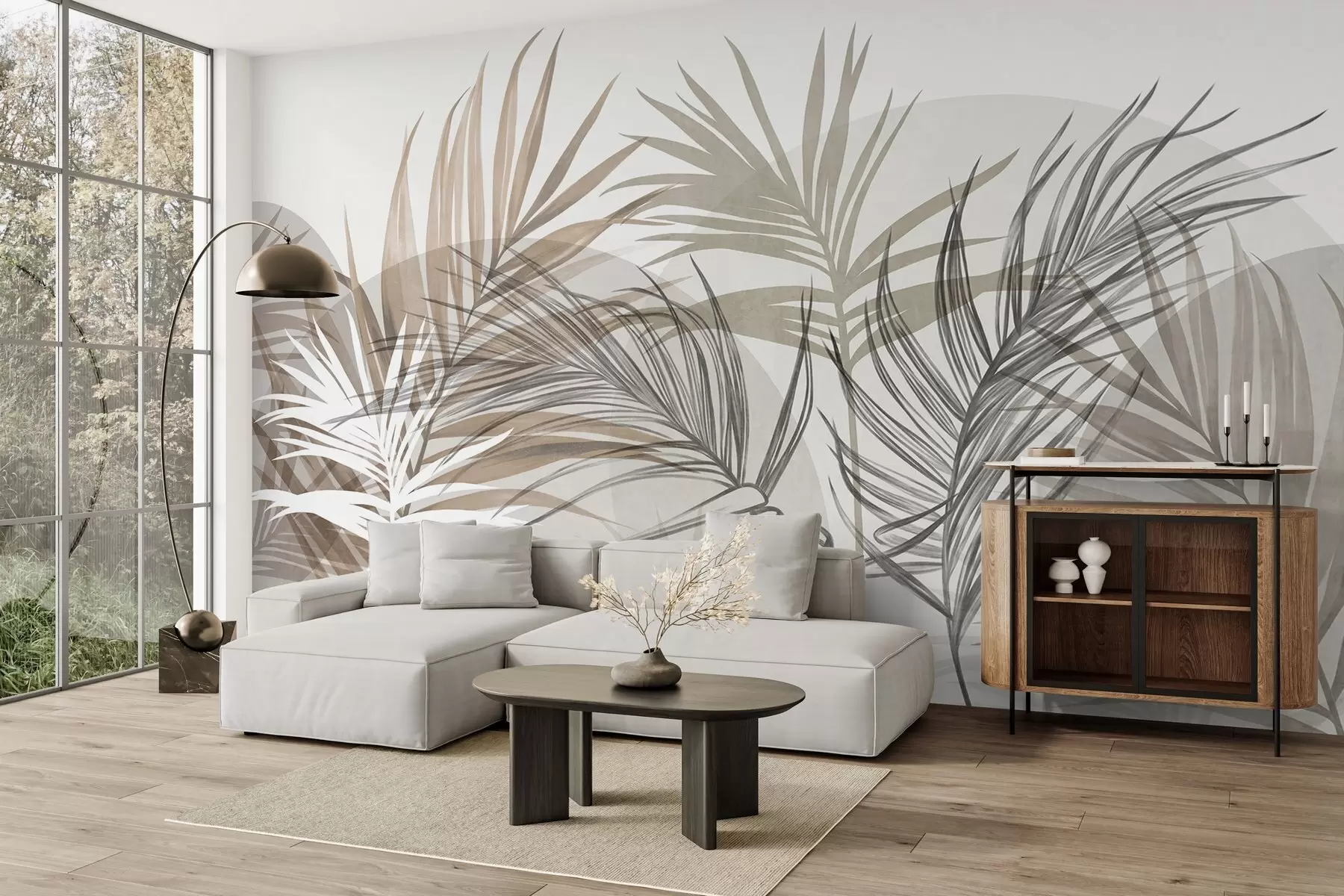 wall murals Палмино лишће у неутралним тоновима беж, браон и сиве, са апстрактним облицима w10025