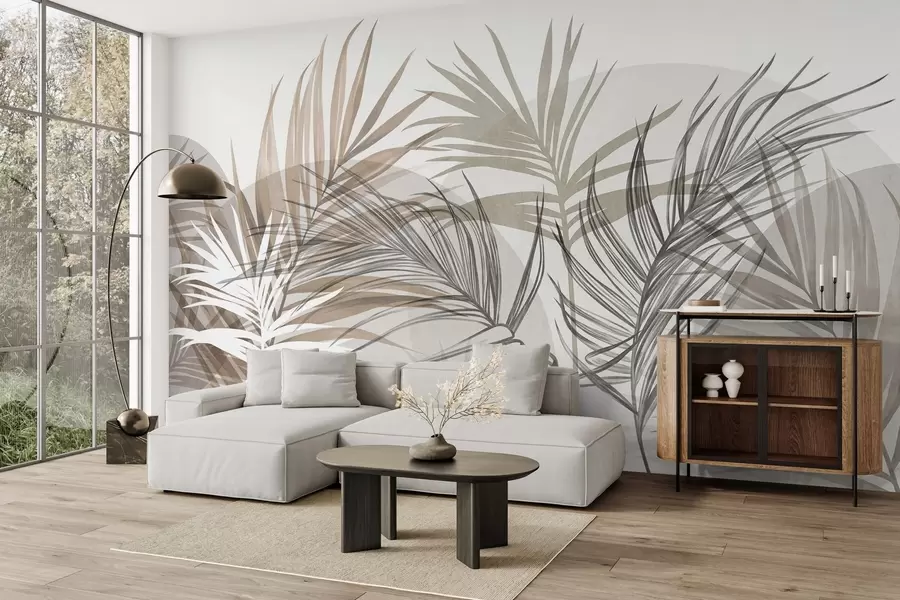 wall murals Палмино лишће у неутралним тоновима беж, браон и сиве, са апстрактним облицима w10025