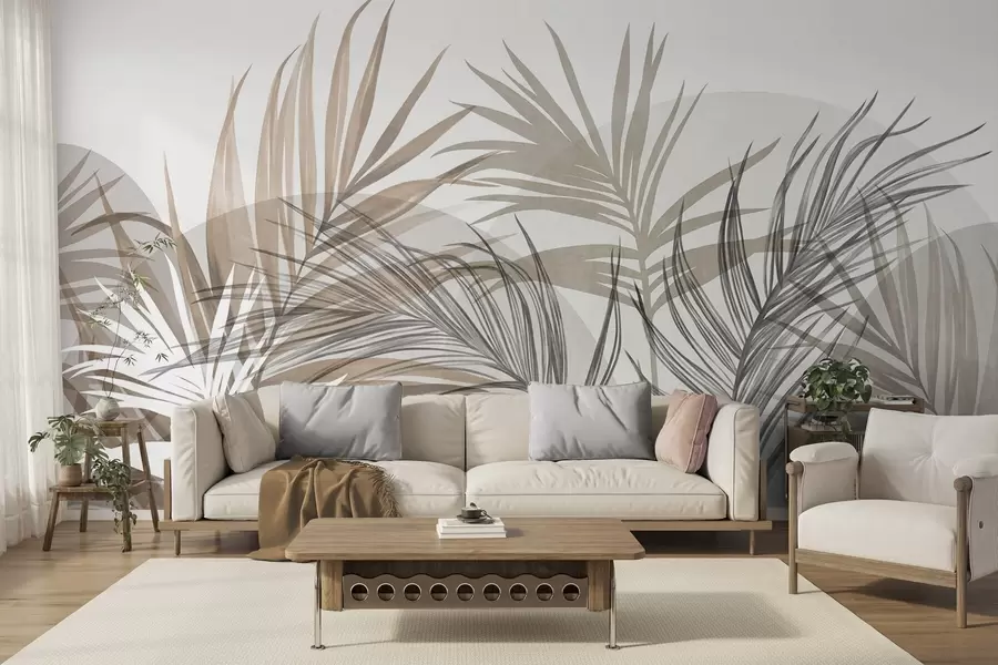 wall murals Палмино лишће у неутралним тоновима беж, браон и сиве, са апстрактним облицима w10025