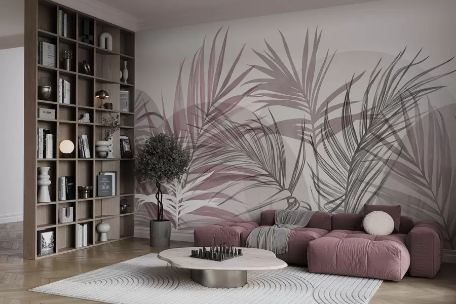 wall murals Палмино лишће у неутралним тоновима ружичасте и сиве, са апстрактним облицима w10025v1