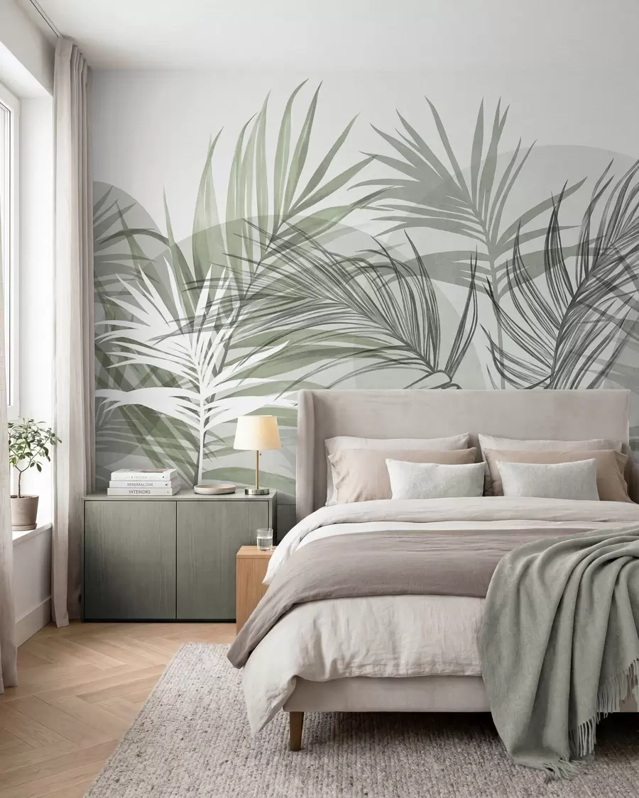 wall murals Палмино лишће у неутралним тоновима зелене и сиве, са апстрактним облицима w10025v2