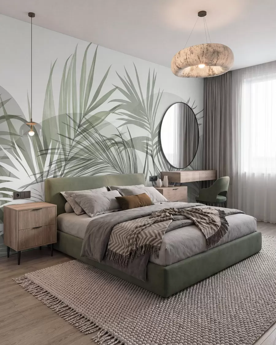 wall murals Палмино лишће у неутралним тоновима зелене и сиве, са апстрактним облицима w10025v2