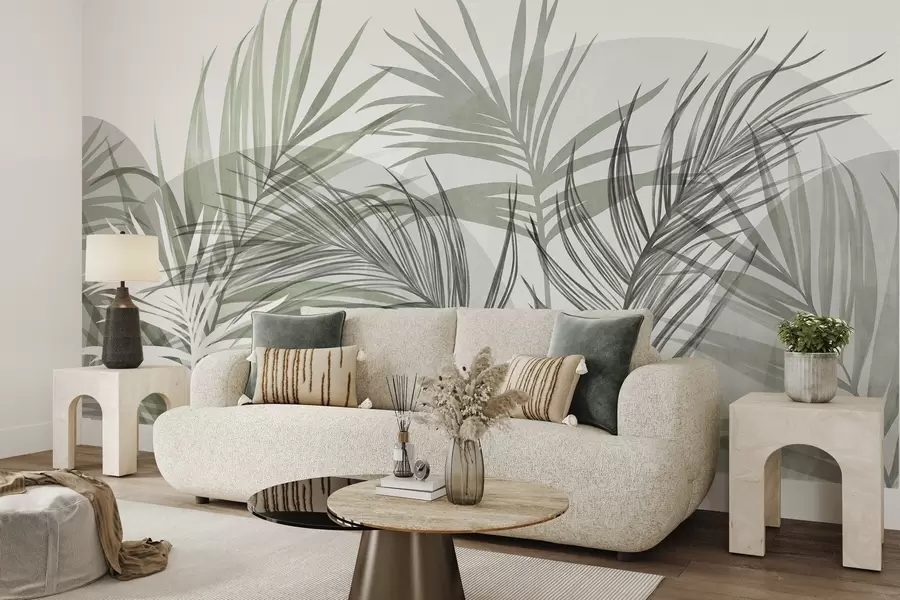 wall murals Палмино лишће у неутралним тоновима зелене и сиве, са апстрактним облицима w10025v2