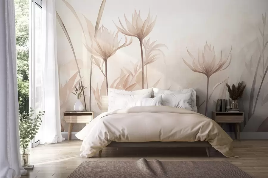 wall murals Текстурирани провидни цветови у меким бресквастим и беж нијансама са дугим стабљикама и лишћем w10028