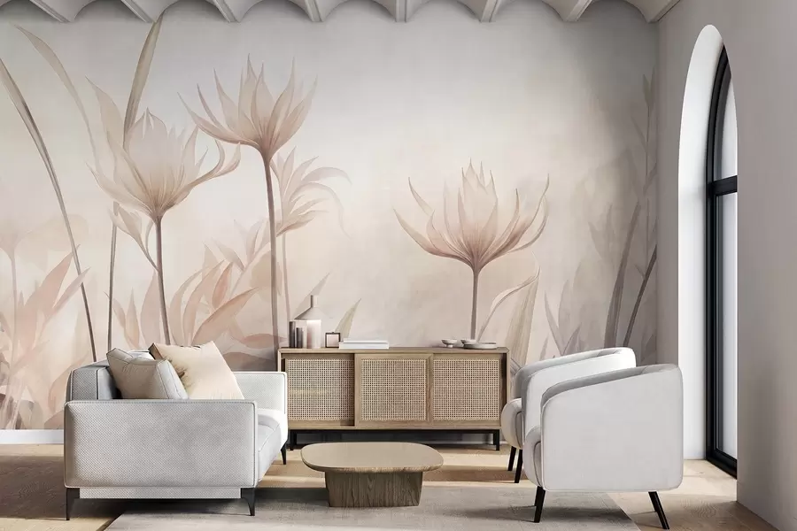 wall murals Текстурирани провидни цветови у меким бресквастим и беж нијансама са дугим стабљикама и лишћем w10028