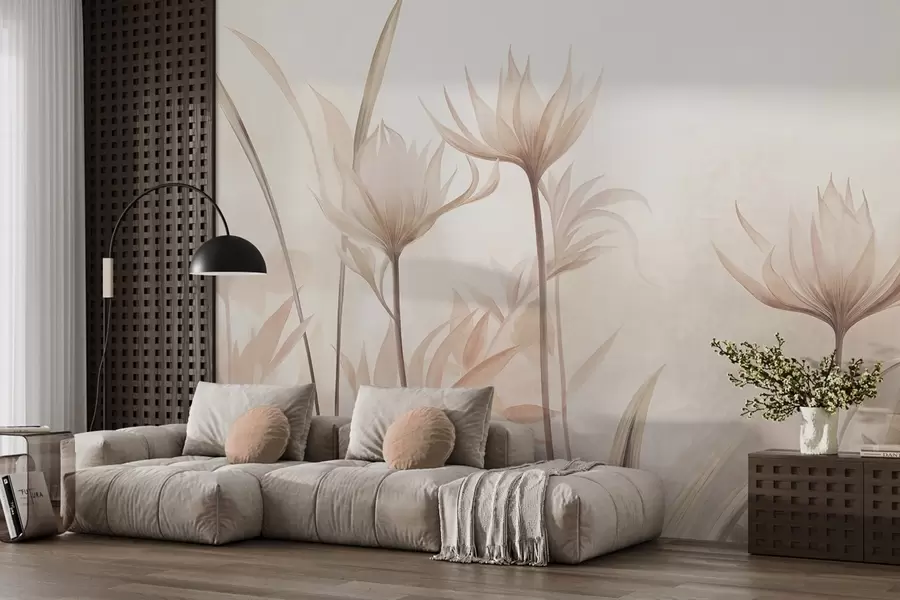 wall murals Текстурирани провидни цветови у меким бресквастим и беж нијансама са дугим стабљикама и лишћем w10028