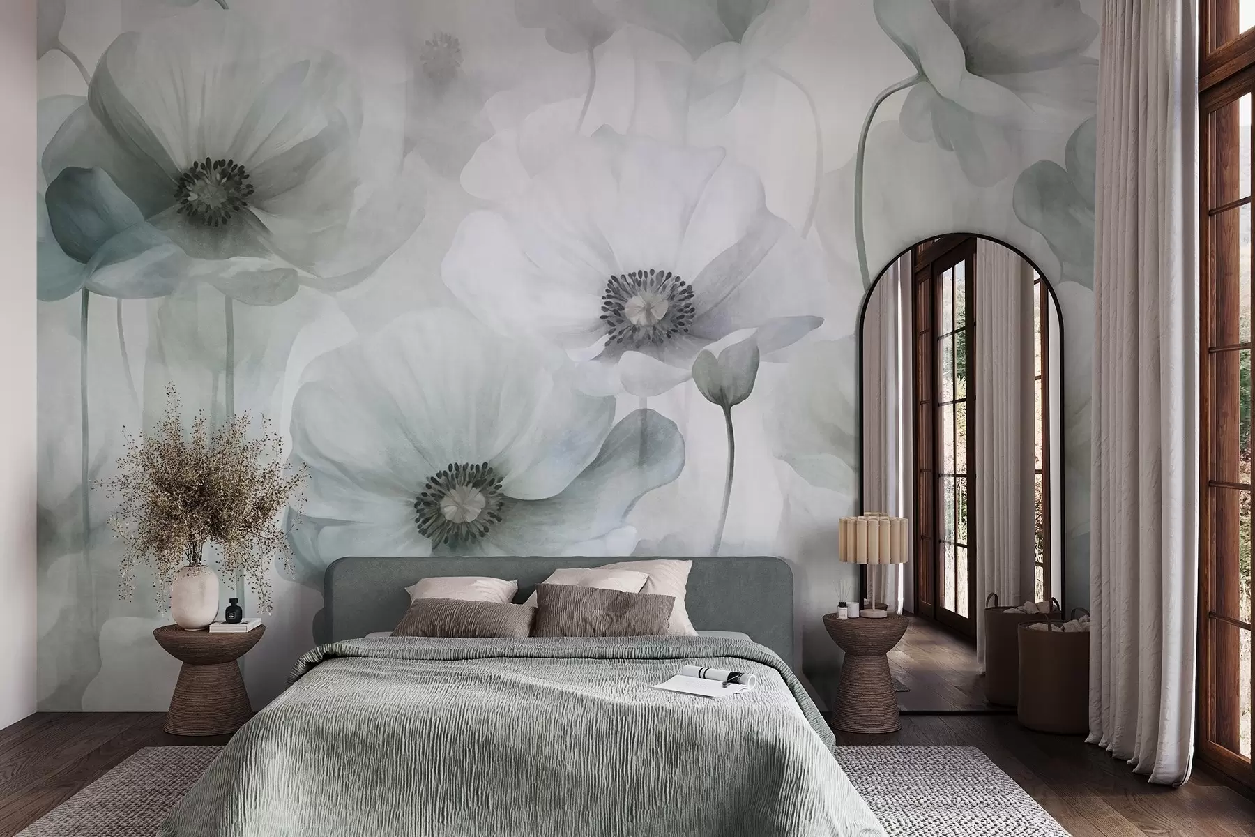 wall murals Пригушени текстурирани макови са тамним средиштем, нежним провидним латицама, меком позадином w10029v2
