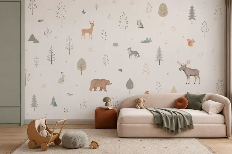 wall murals Шумске животиње и дрвеће на светлој позадини w05864
