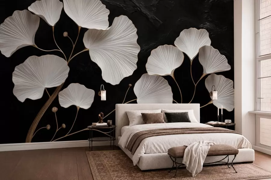 wall murals Бели листови у облику лепезе на црној позадини w05860