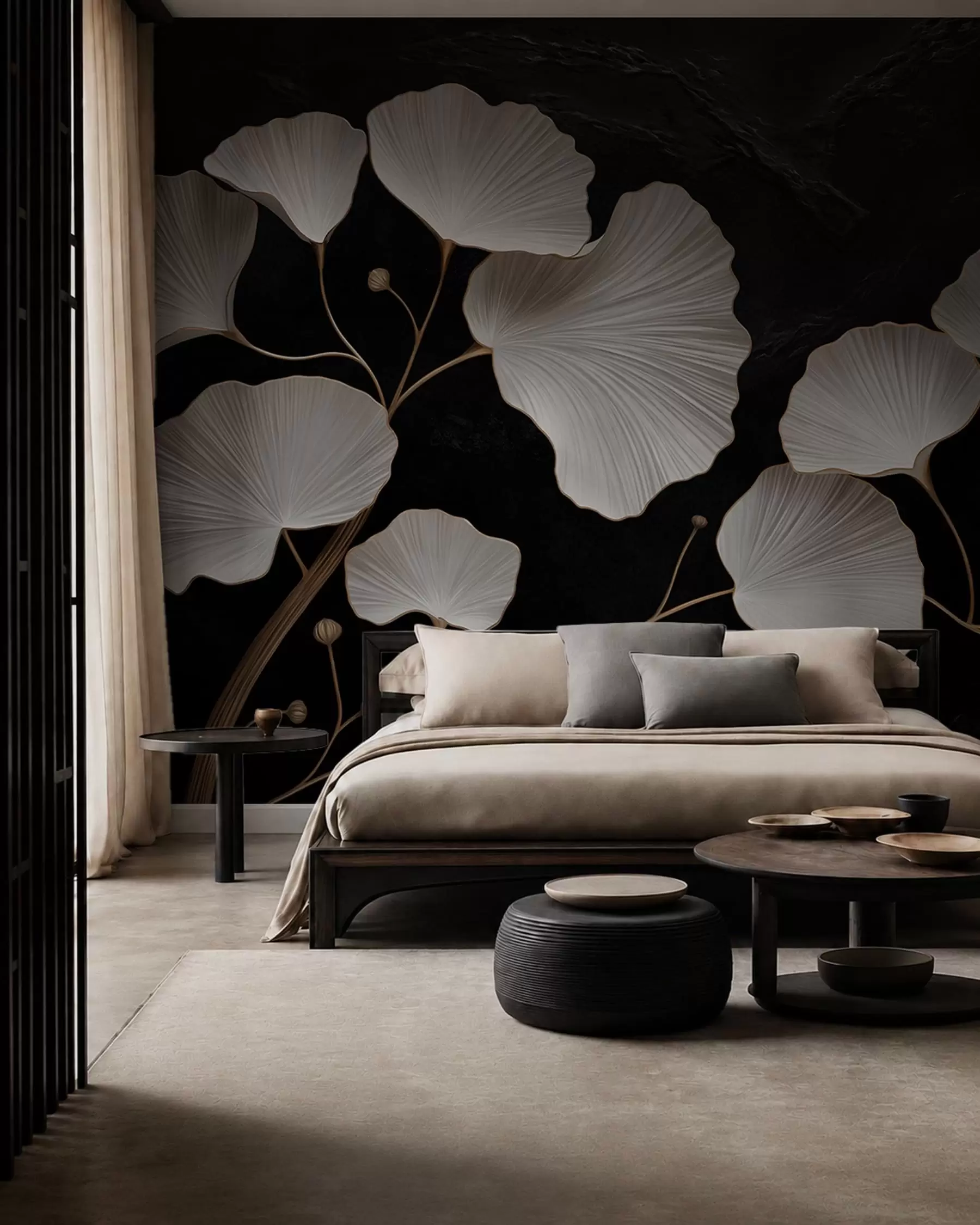 wall murals Бели листови у облику лепезе на црној позадини w05860