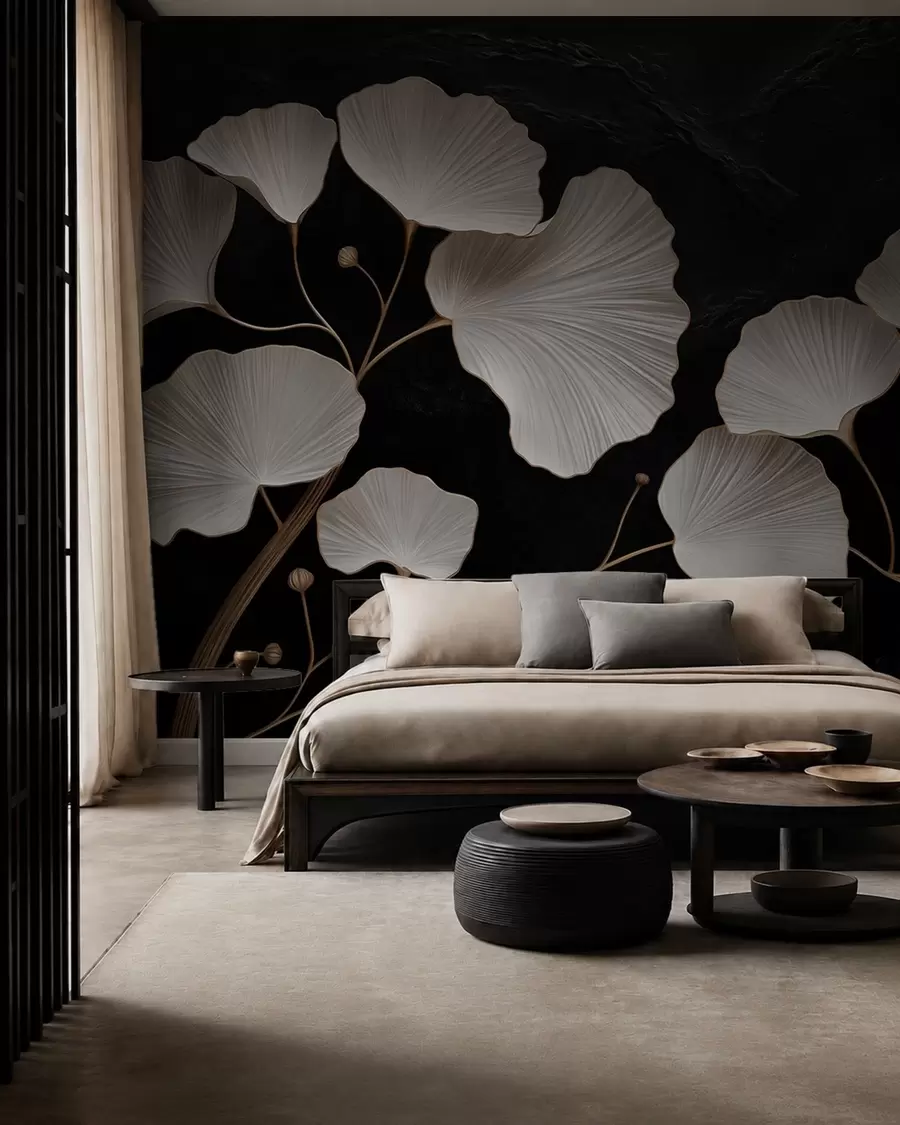 wall murals Бели листови у облику лепезе на црној позадини w05860