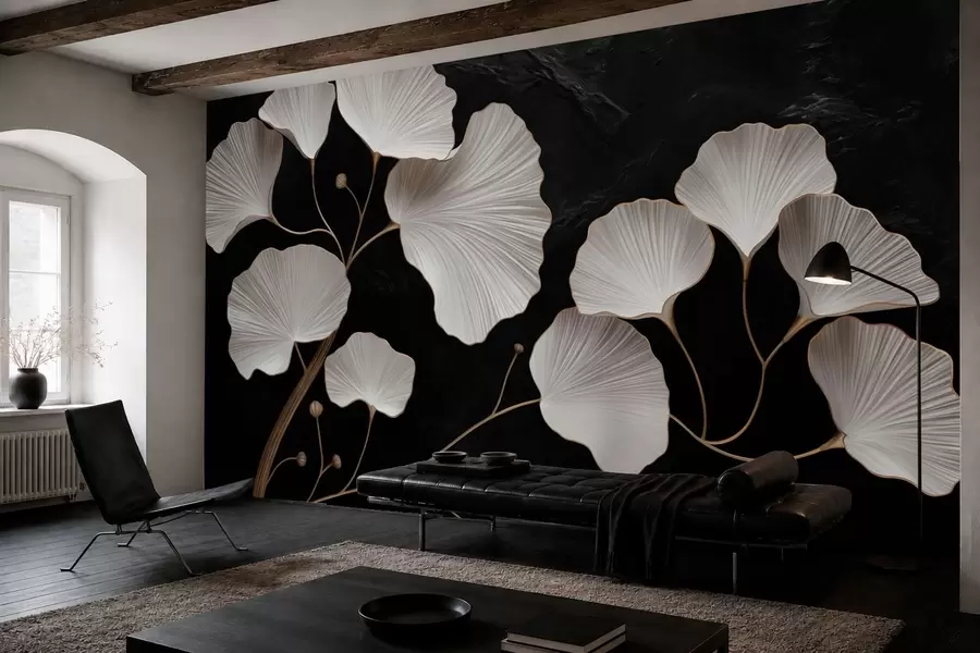 wall murals Бели листови у облику лепезе на црној позадини w05860