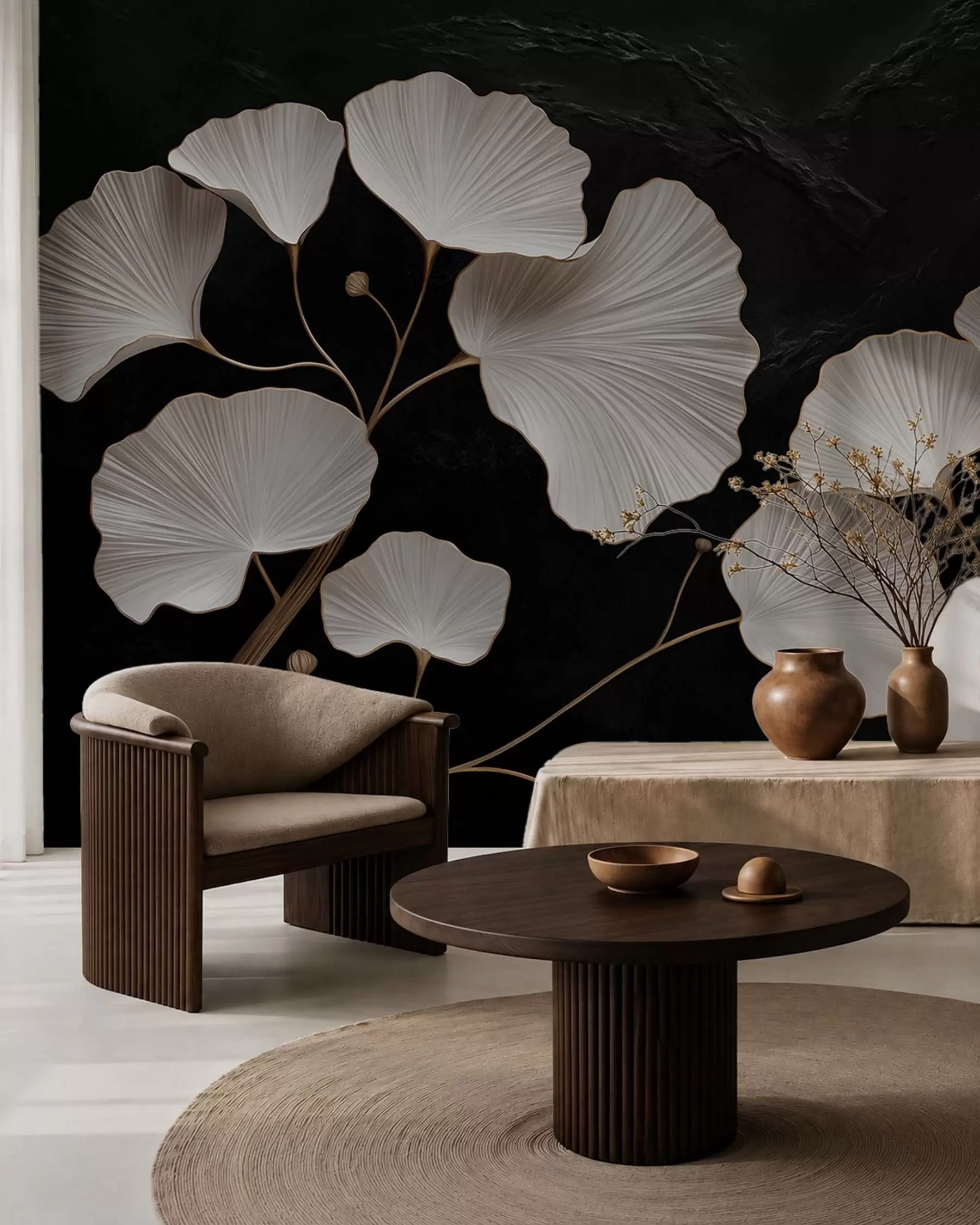 wall murals Бели листови у облику лепезе на црној позадини w05860