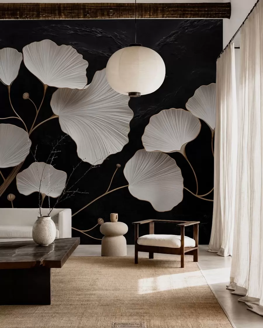 wall murals Бели листови у облику лепезе на црној позадини w05860