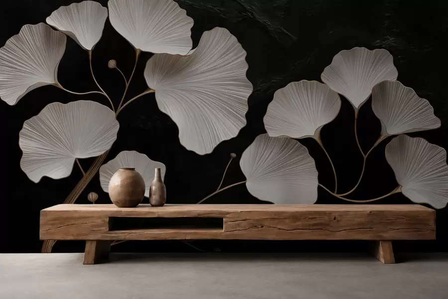 wall murals Бели листови у облику лепезе на црној позадини w05860