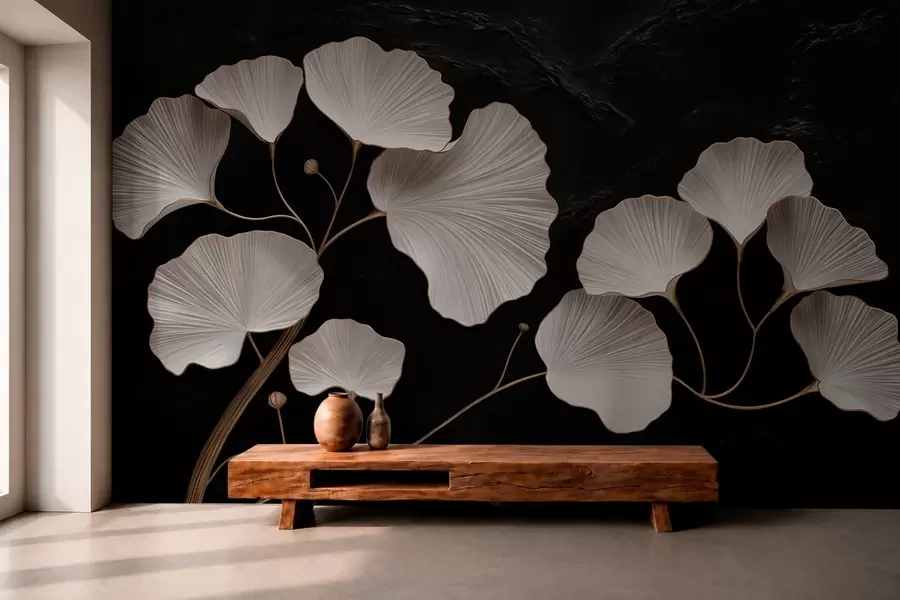 wall murals Бели листови у облику лепезе на црној позадини w05860