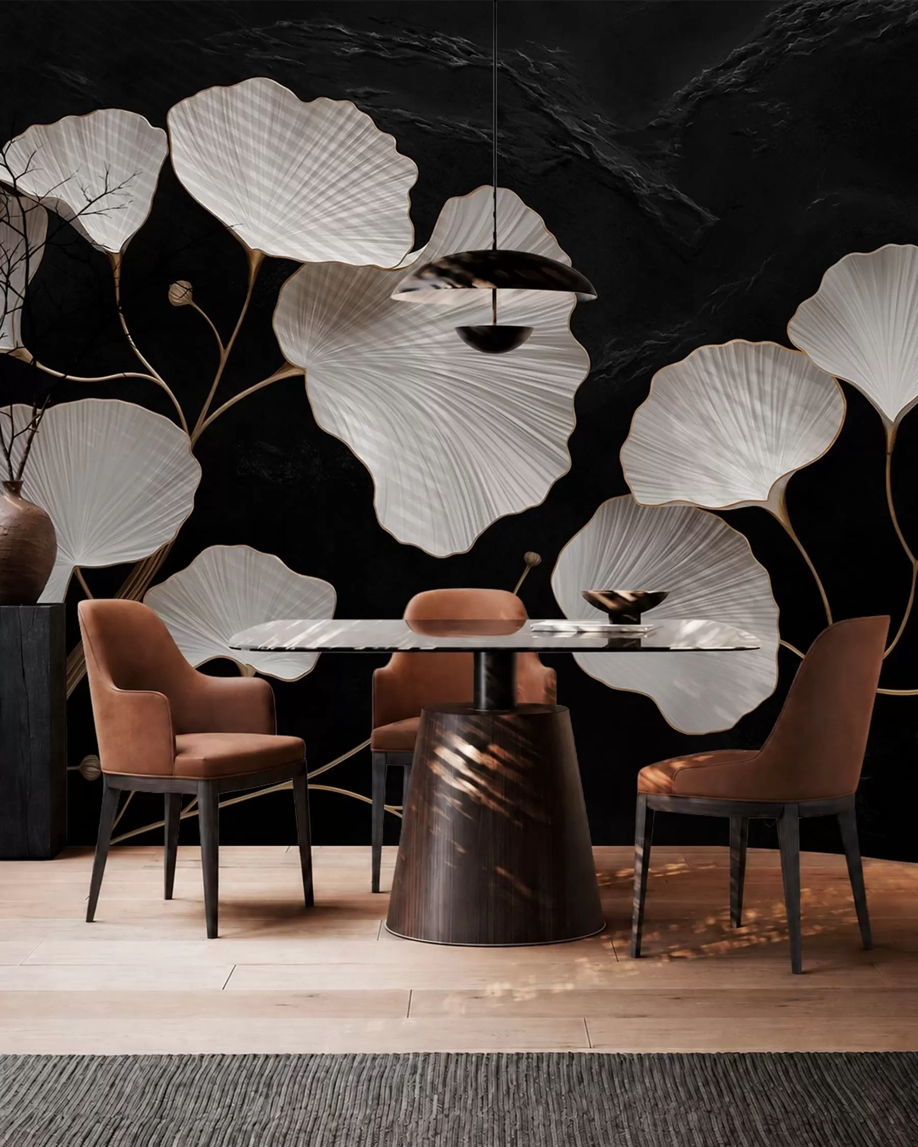 wall murals Бели листови у облику лепезе на црној позадини w05860