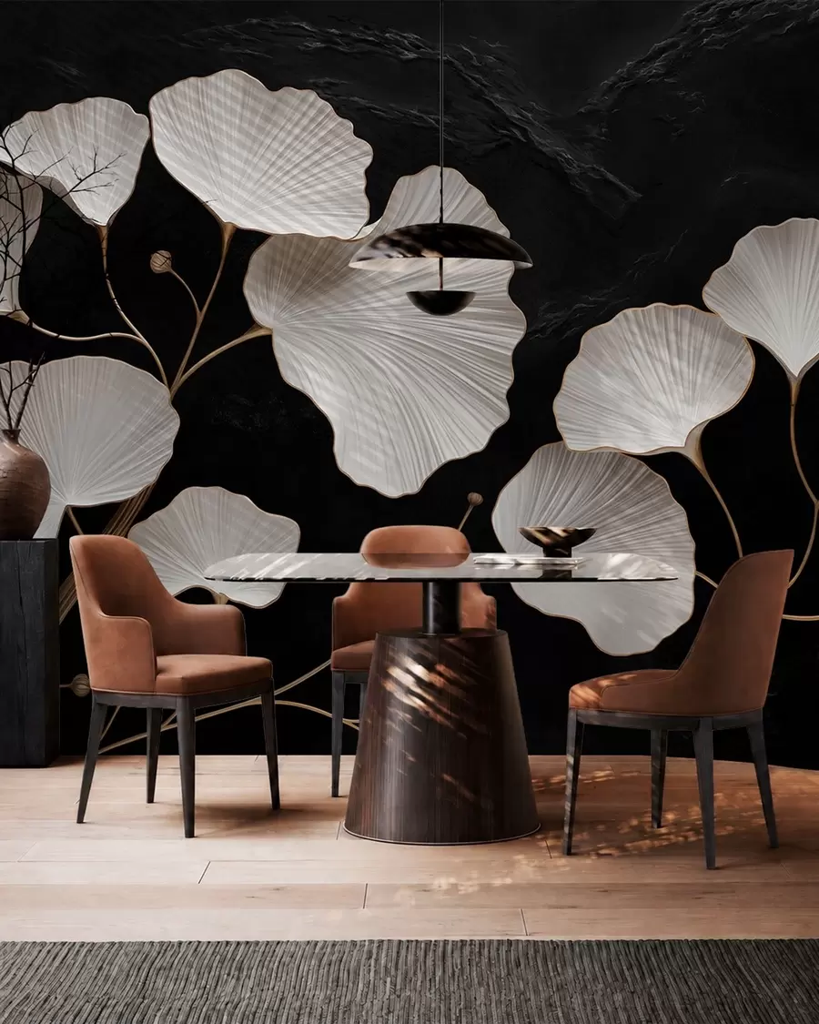 wall murals Бели листови у облику лепезе на црној позадини w05860