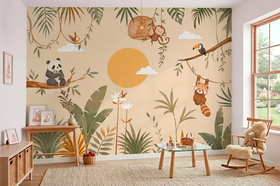 wall murals Тропске животиње, лишће и сунце на топлој позадини w05865v1
