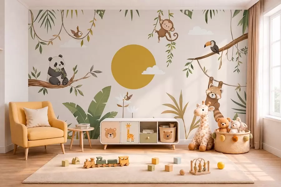 wall murals Тропске животиње међу лишћем са великим сунцем w05865v2
