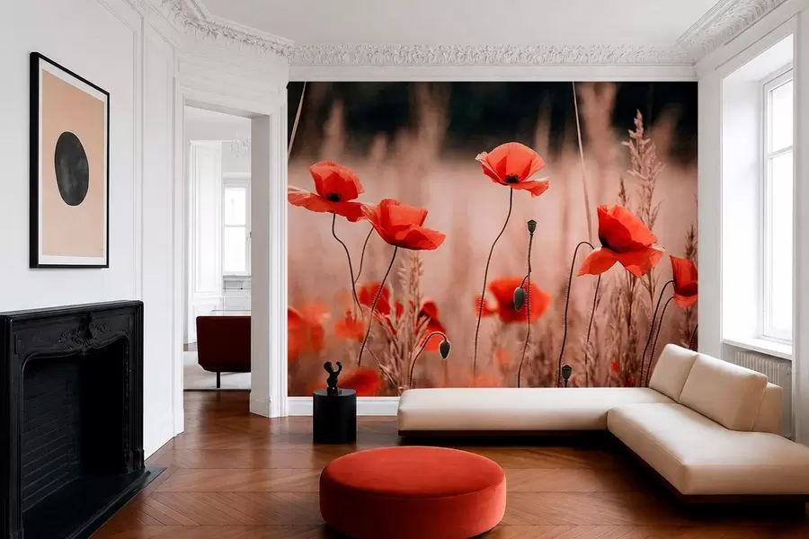 wall murals Светлоцрвени макови међу сувим травама w05866