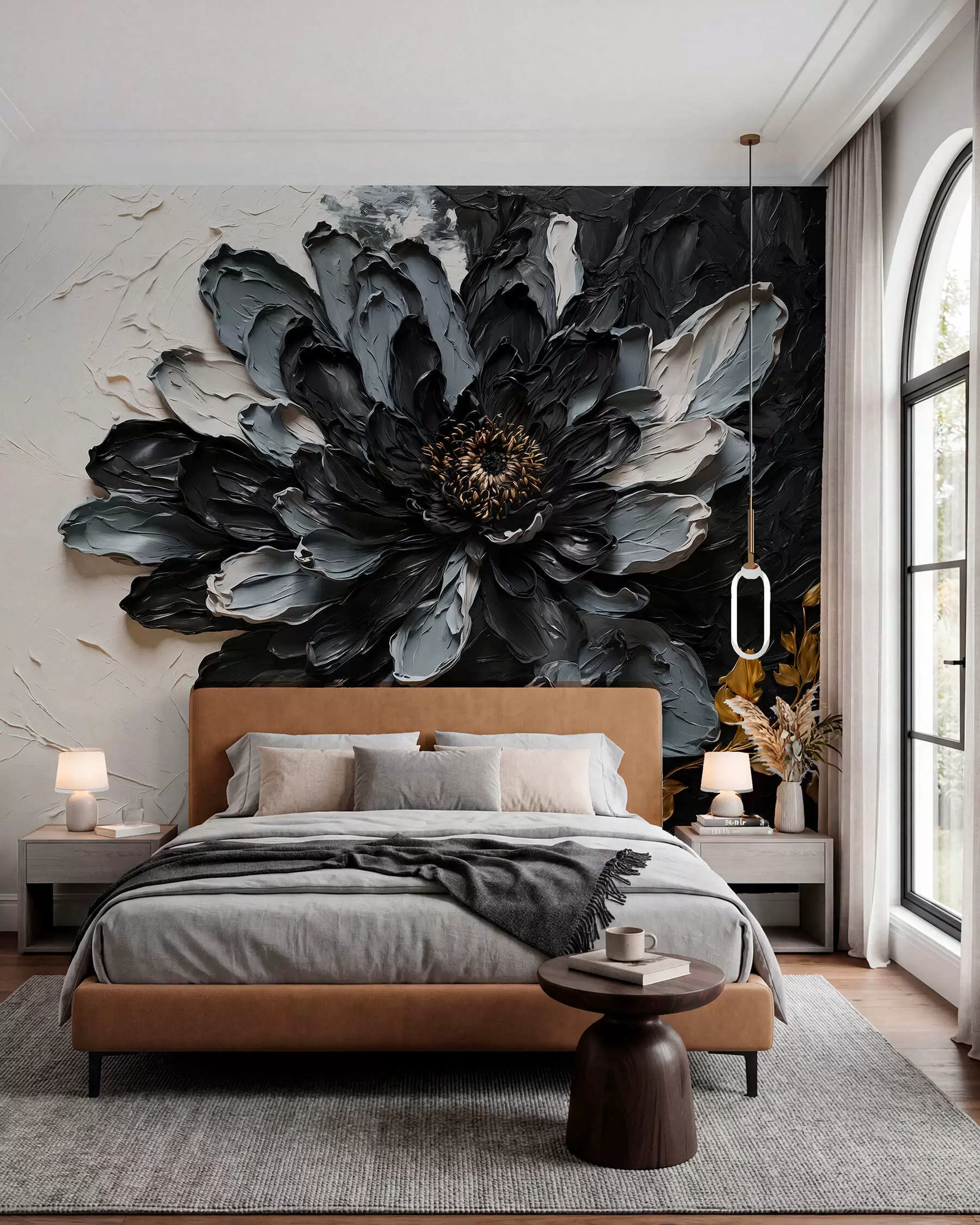wall murals Текстурирани црно-сиви цвет са украсним гранама w05883
