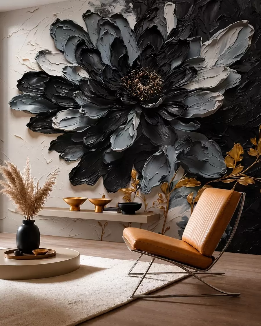 wall murals Текстурирани црно-сиви цвет са украсним гранама w05883