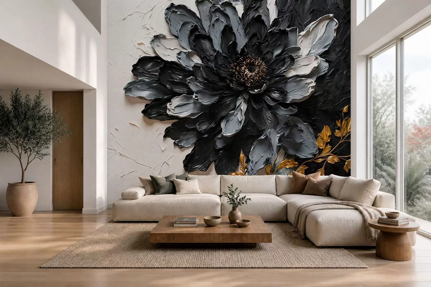 wall murals Текстурирани црно-сиви цвет са украсним гранама w05883