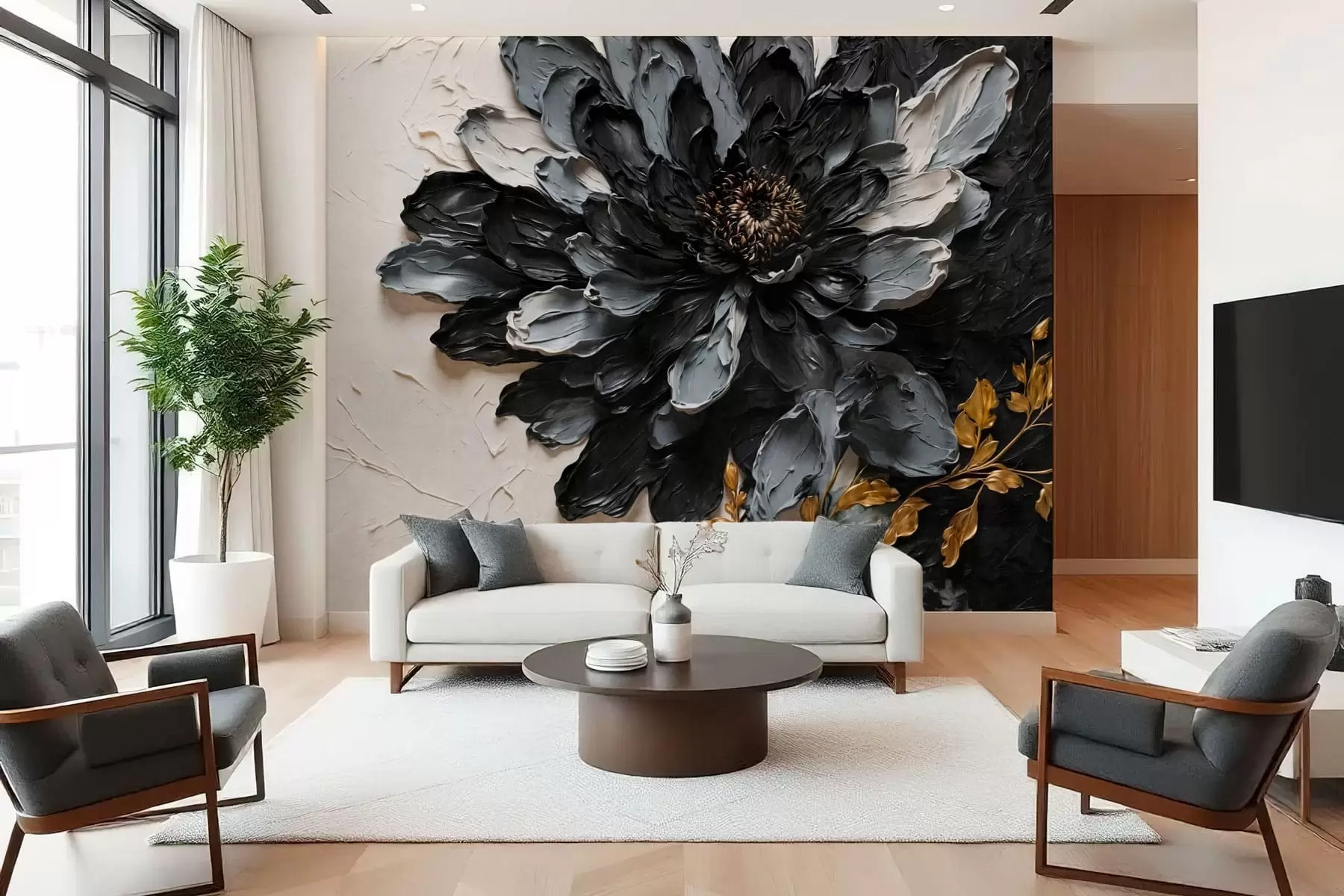 wall murals Текстурирани црно-сиви цвет са украсним гранама w05883