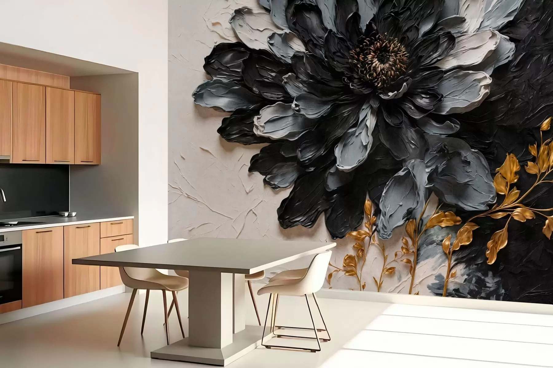 wall murals Текстурирани црно-сиви цвет са украсним гранама w05883