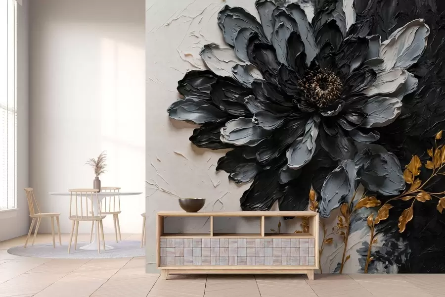 wall murals Текстурирани црно-сиви цвет са украсним гранама w05883