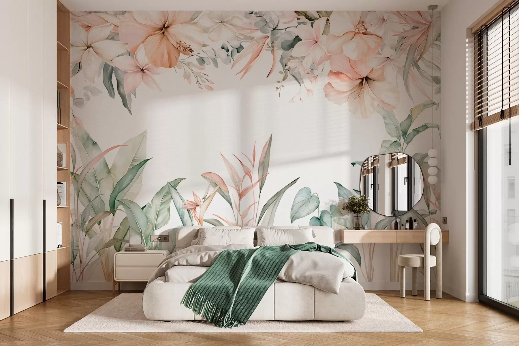 wall murals Тропска композиција од цвећа и биљака у акварелном стилу, у нежним нијансама w05870