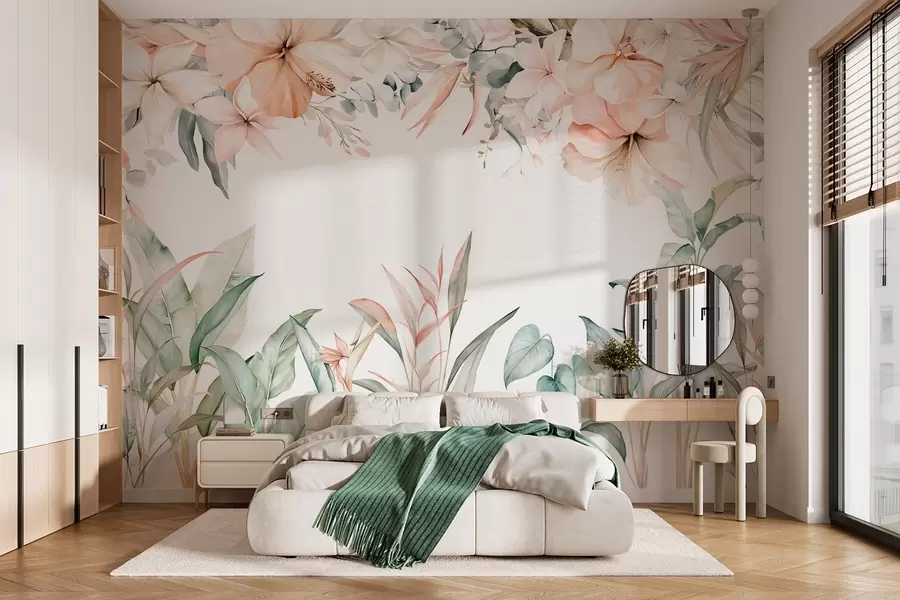 wall murals Тропска композиција од цвећа и биљака у акварелном стилу, у нежним нијансама w05870