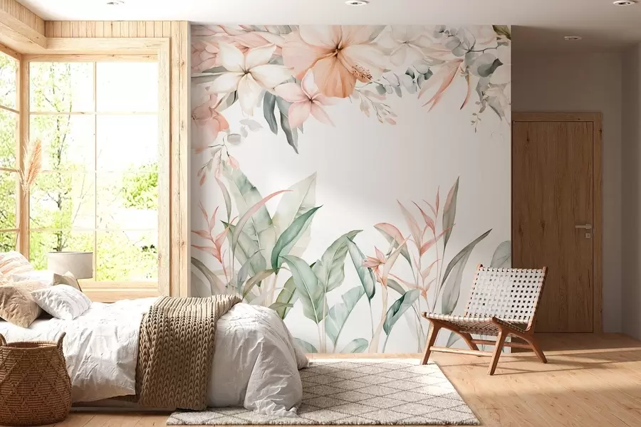 wall murals Тропска композиција од цвећа и биљака у акварелном стилу, у нежним нијансама w05870