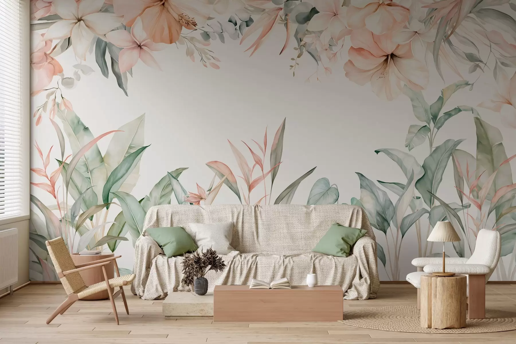 wall murals Тропска композиција од цвећа и биљака у акварелном стилу, у нежним нијансама w05870