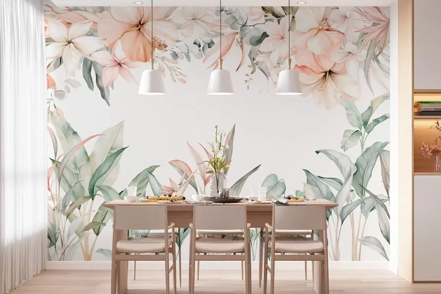 wall murals Тропска композиција од цвећа и биљака у акварелном стилу, у нежним нијансама w05870